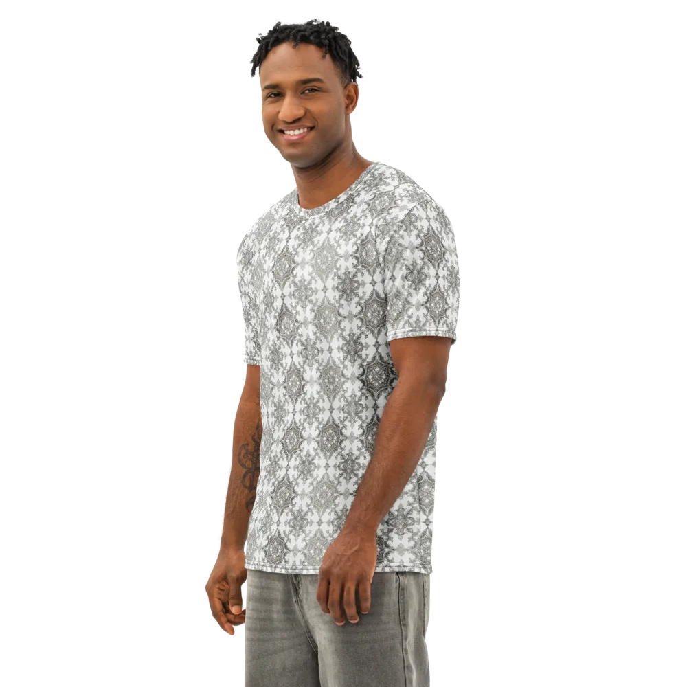 Silver Damask on Men's Cotton Crew Neck T-Shirt — Left Front