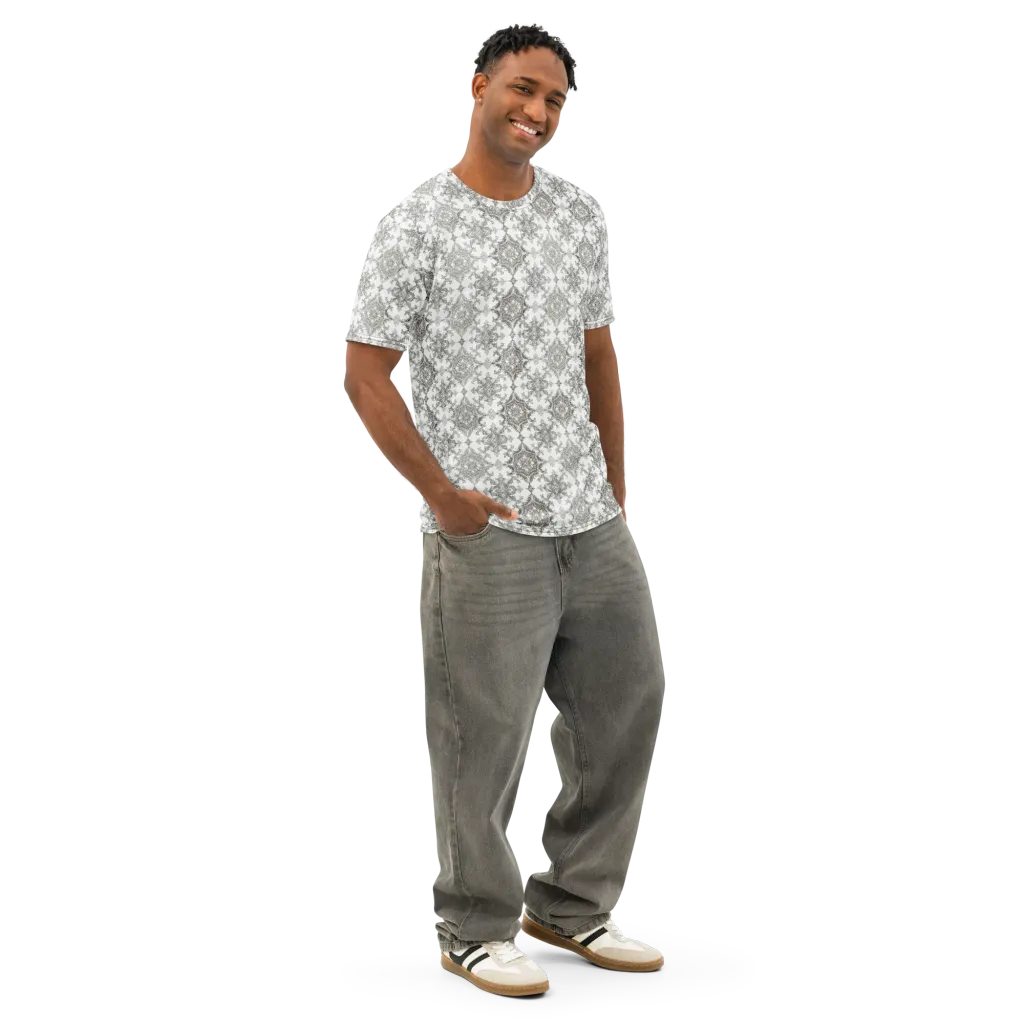 Silver Damask on Men's Cotton Crew Neck T-Shirt — Right Front