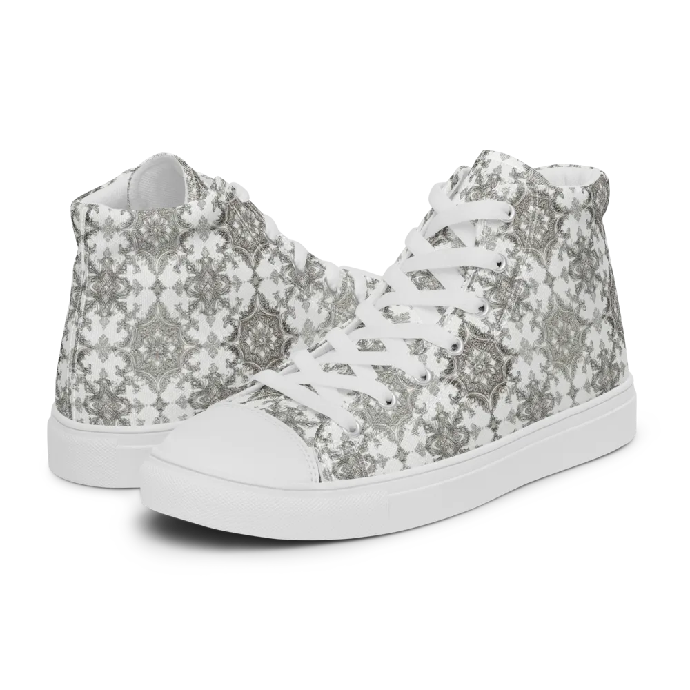 Silver Damask on Men's High Top Canvas Shoes — Left