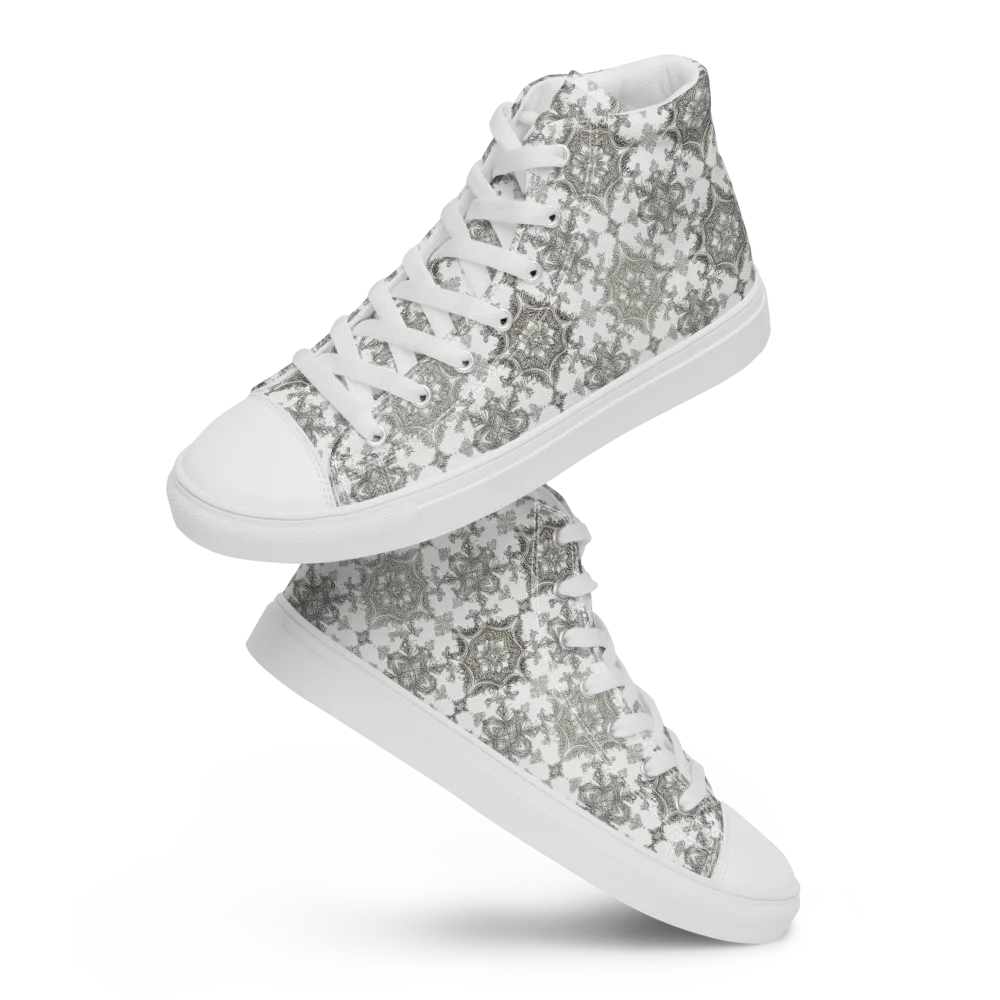Silver Damask on Men's High Top Canvas Shoes — Front