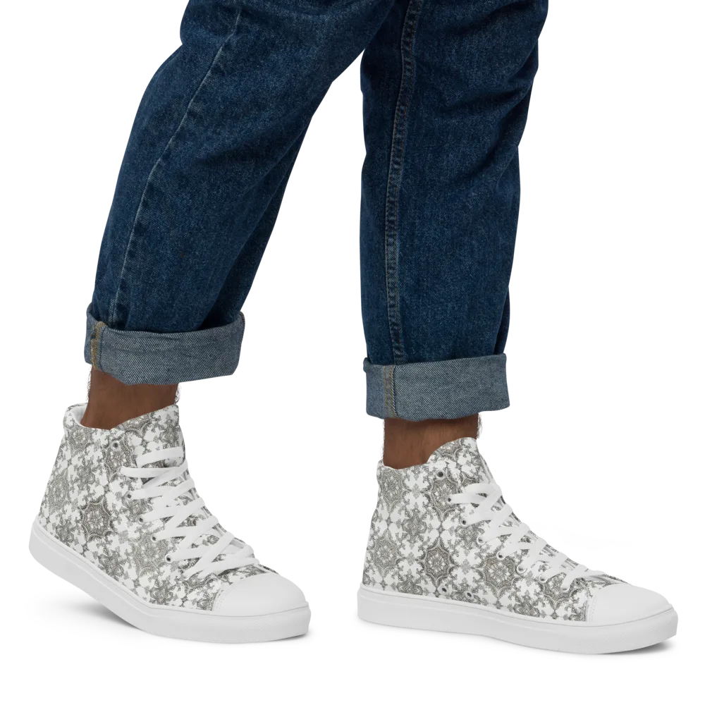 Silver Damask on Men's High Top Canvas Shoes — Right
