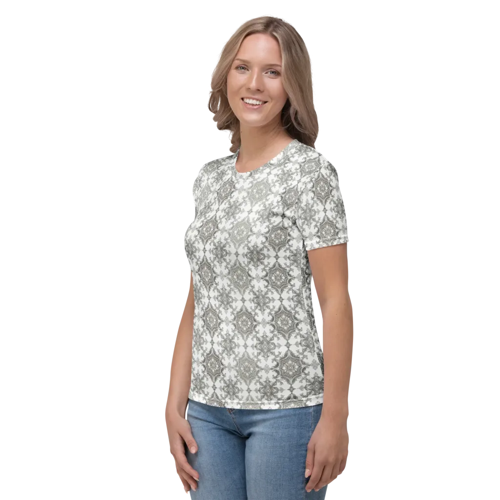 Silver Damask on Women's Crew Neck T-Shirt — Left