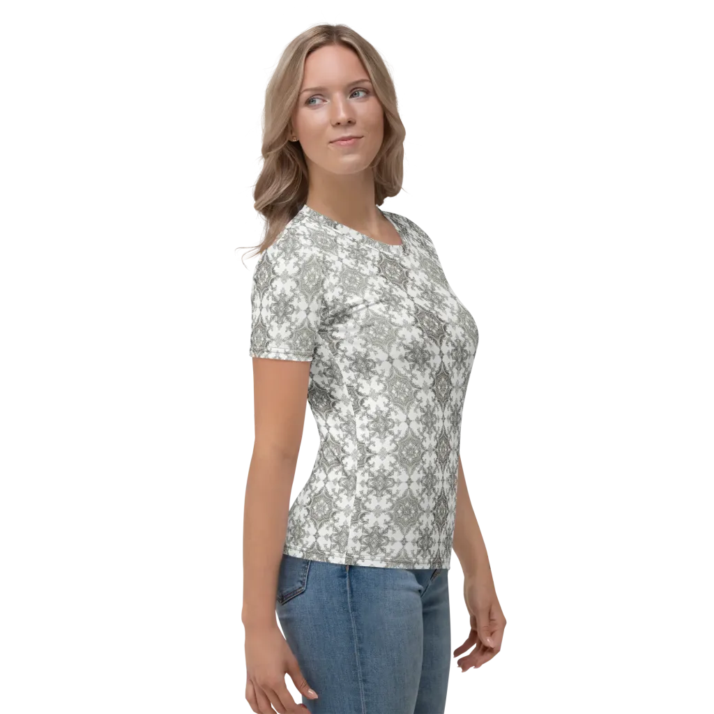 Silver Damask on Women's Crew Neck T-Shirt — Right