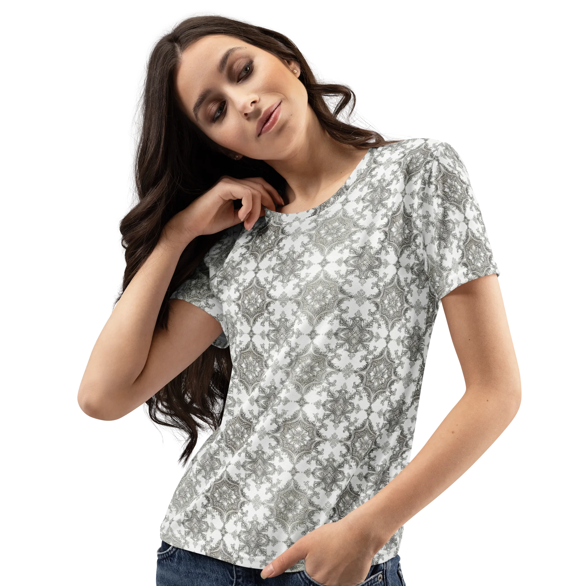Silver Damask on Women's Crew Neck T-Shirt — Left Front