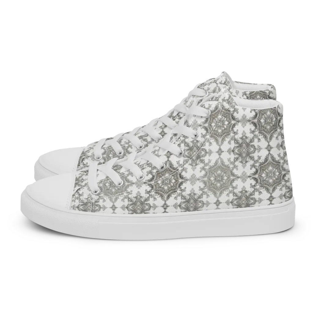 Silver Damask on Women's High Top Canvas Shoes — Left