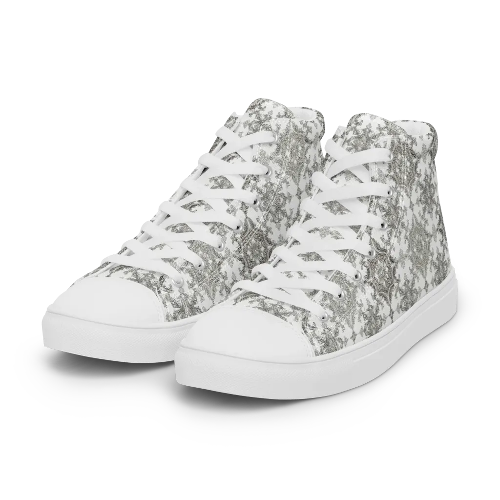 Silver Damask on Women's High Top Canvas Shoes — Left Front