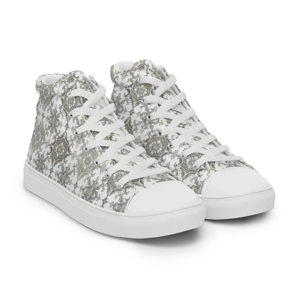 Silver Damask on Women's High Top Canvas Shoes — Right Front