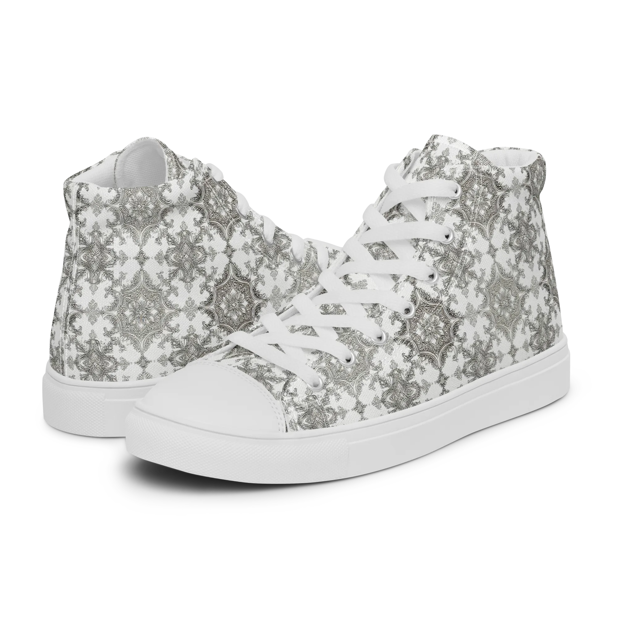 Silver Damask on Women's High Top Canvas Shoes — Left