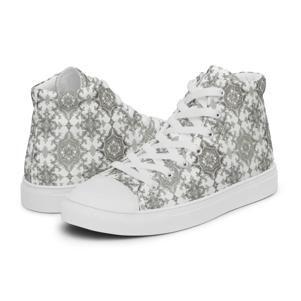 Silver Damask on Women's High Top Canvas Shoes — Left