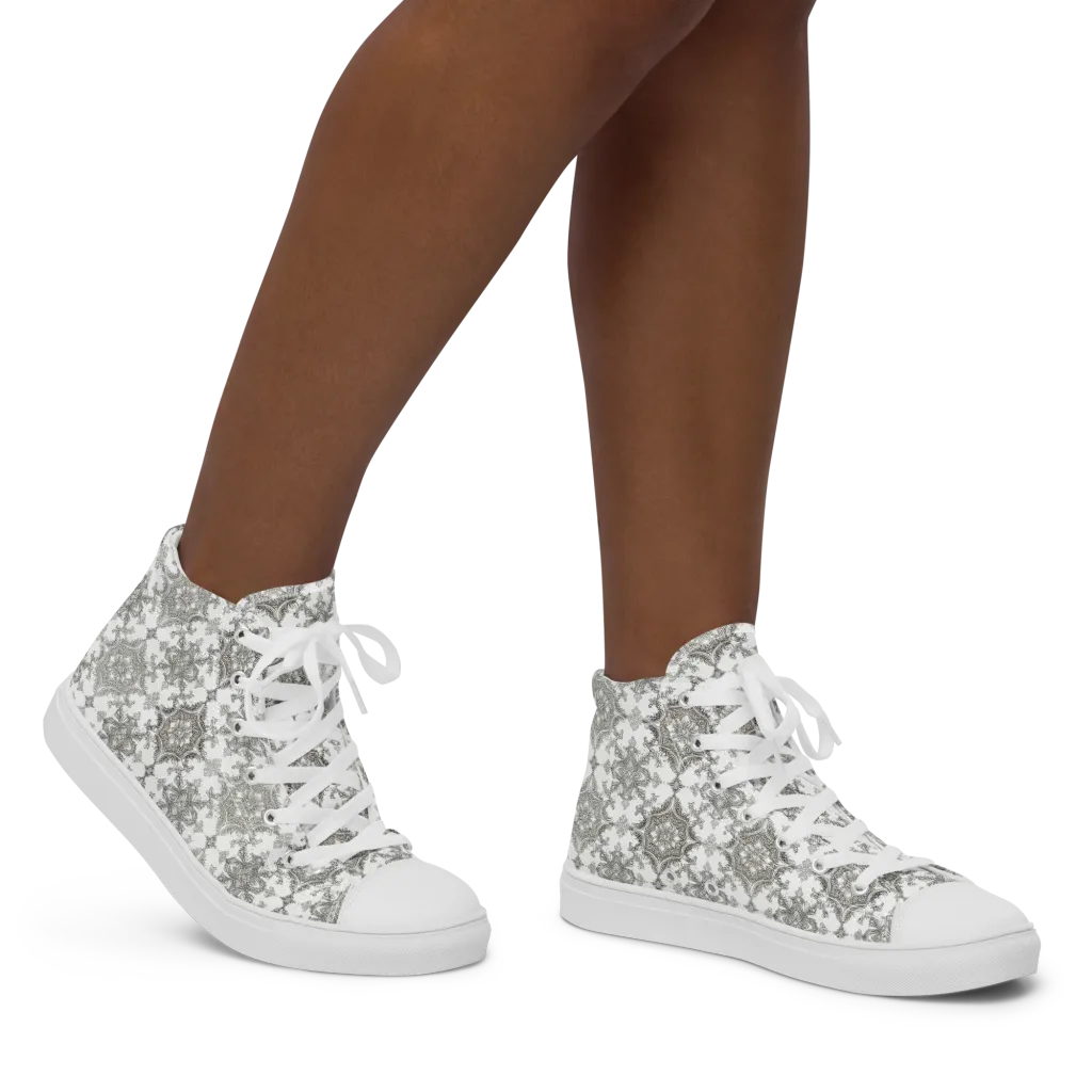 Silver Damask on Women's High Top Canvas Shoes — Right
