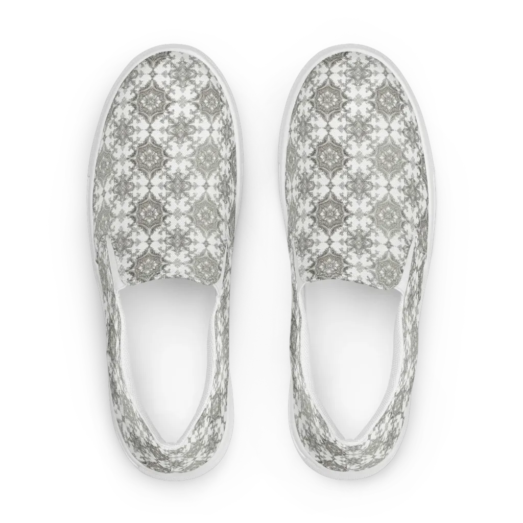 Silver Damask on Men's Slip-On Canvas Shoes — Front