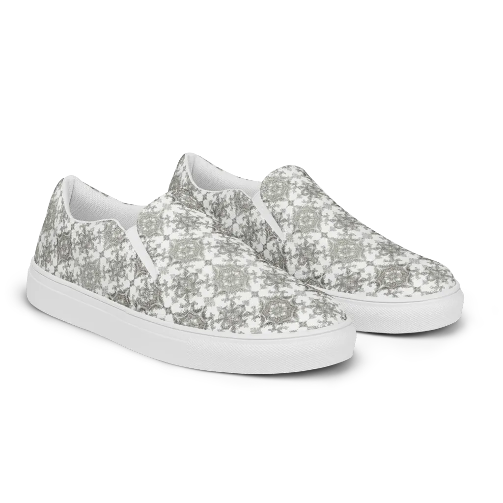 Silver Damask on Men's Slip-On Canvas Shoes — Right Front