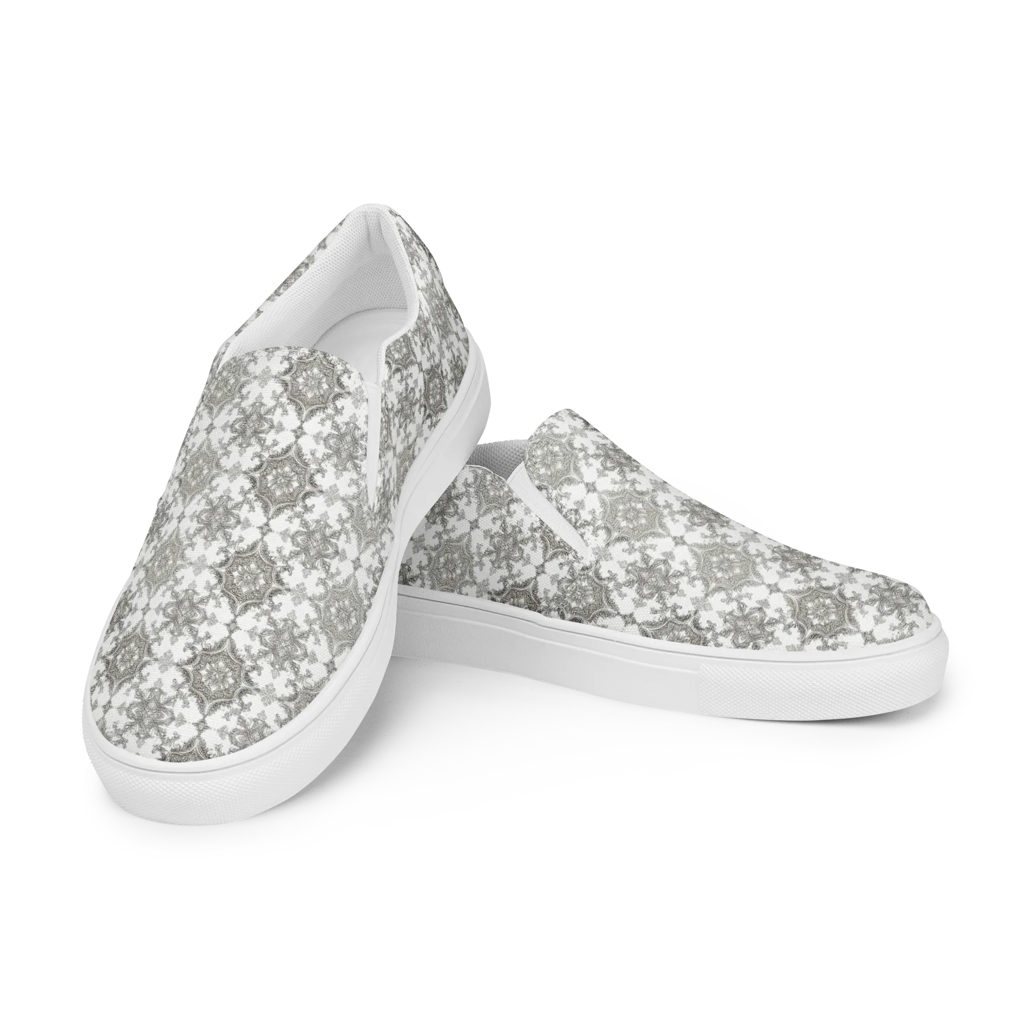 Silver Damask on Men's Slip-On Canvas Shoes — Left Front