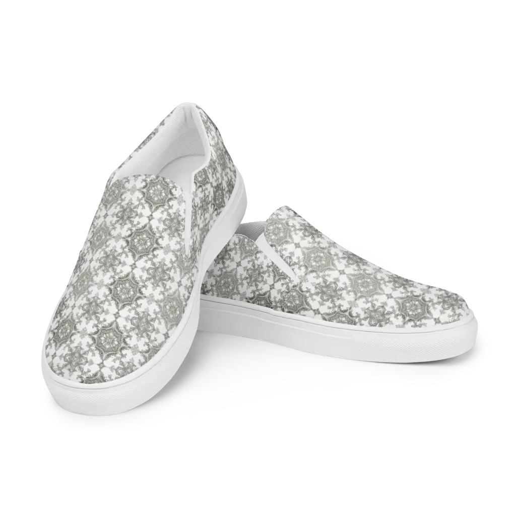 Silver Damask on Men's Slip-On Canvas Shoes — Left Front