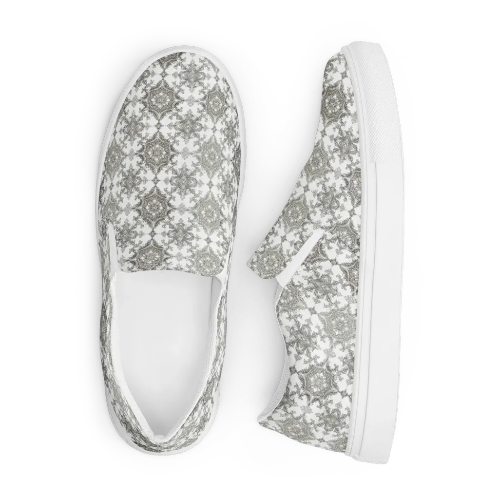 Silver Damask on Men's Slip-On Canvas Shoes — Front