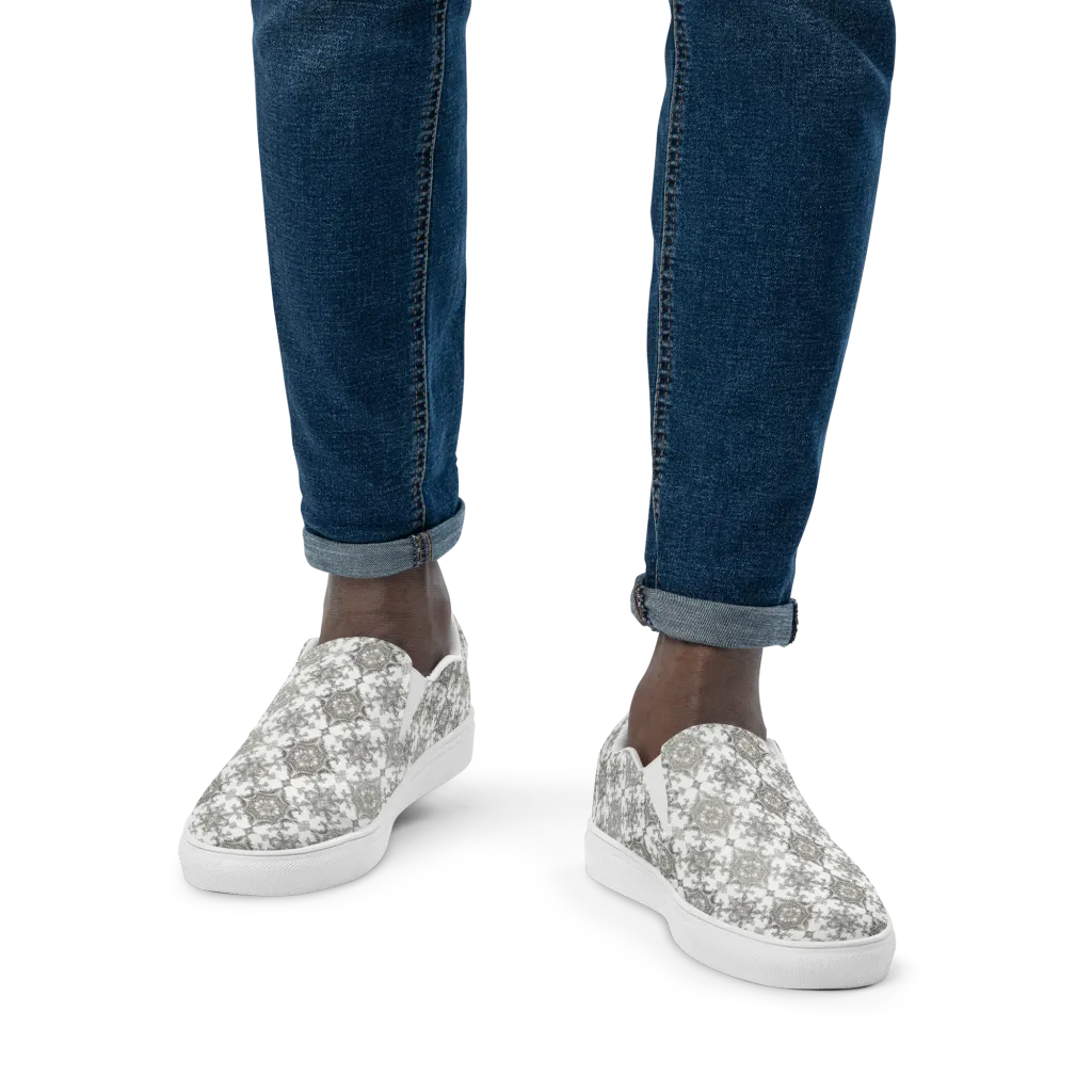 Silver Damask on Men's Slip-On Canvas Shoes — Front