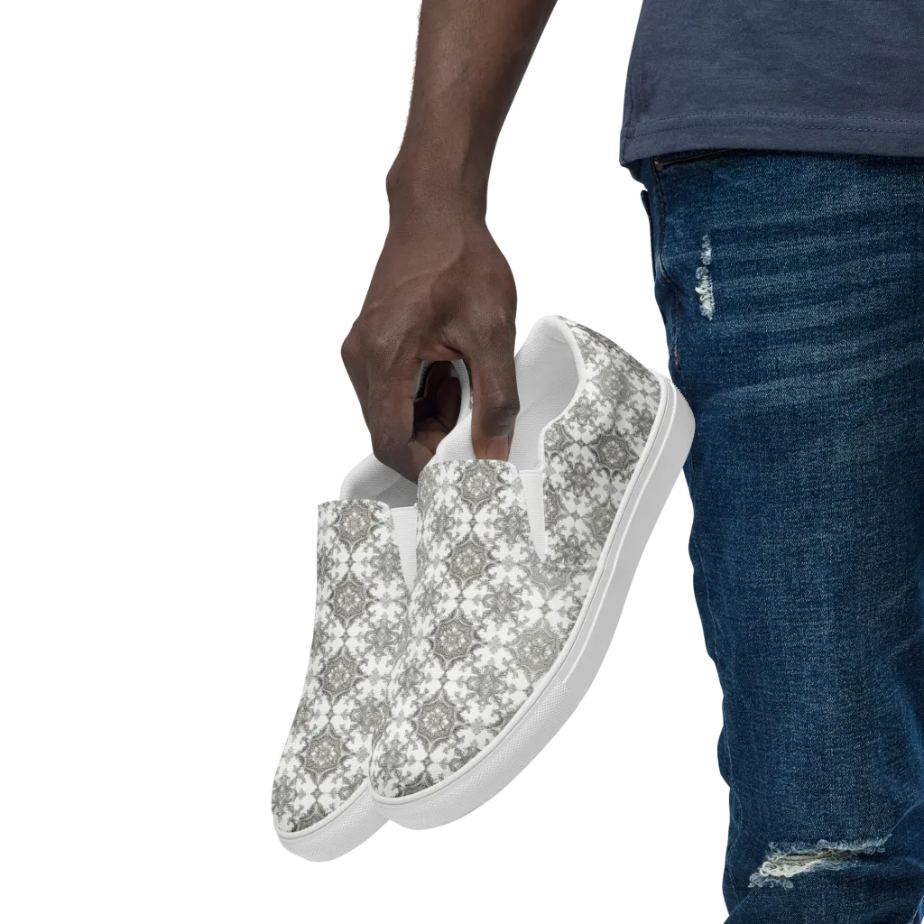 Silver Damask on Men's Slip-On Canvas Shoes — Left Front