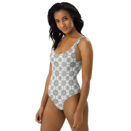 Silver Damask on a One-Piece Swimsuit