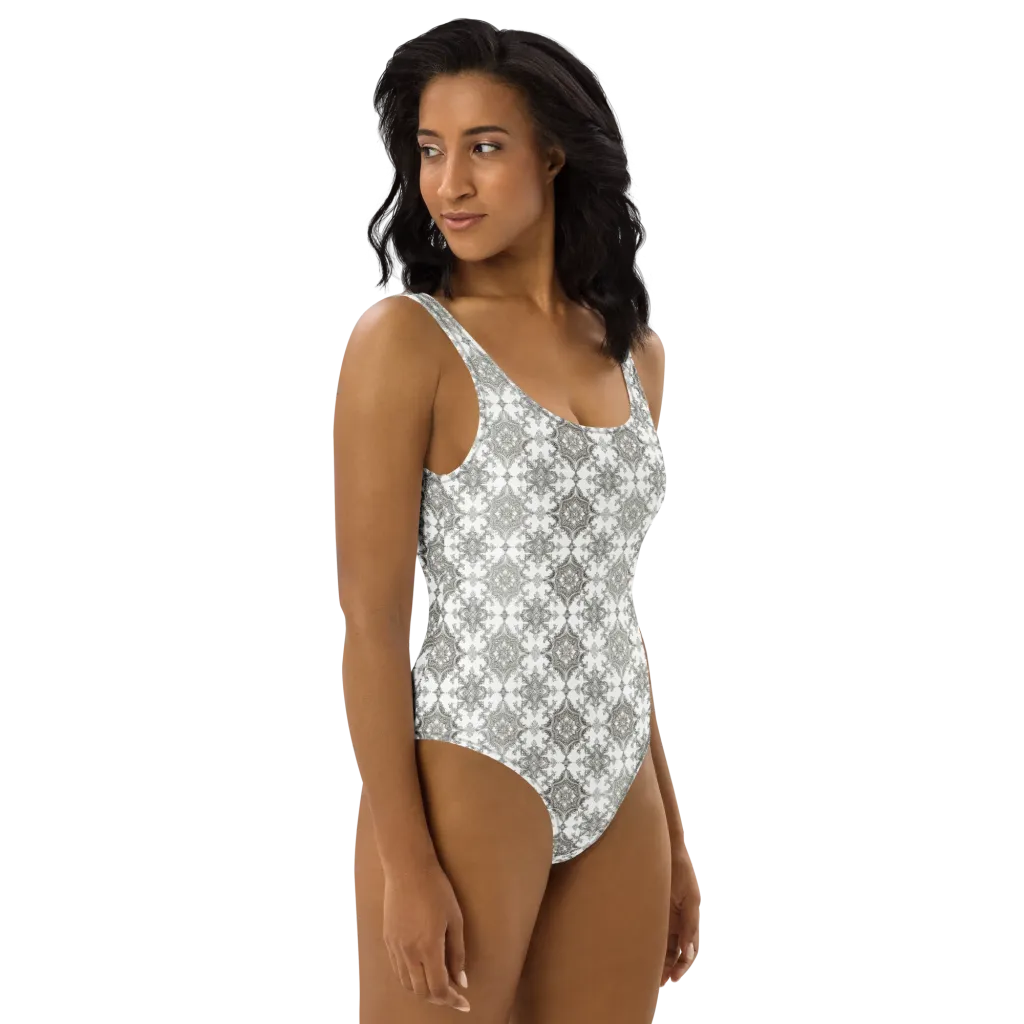 Silver Damask on One-Piece Swimsuit — Right