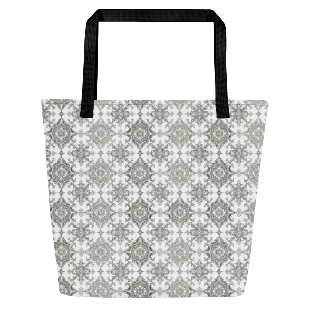 Silver Damask on Large Tote Bag W/ Pocket — Front