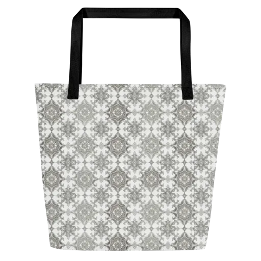 Silver Damask on a Large Tote Bag W/ Pocket