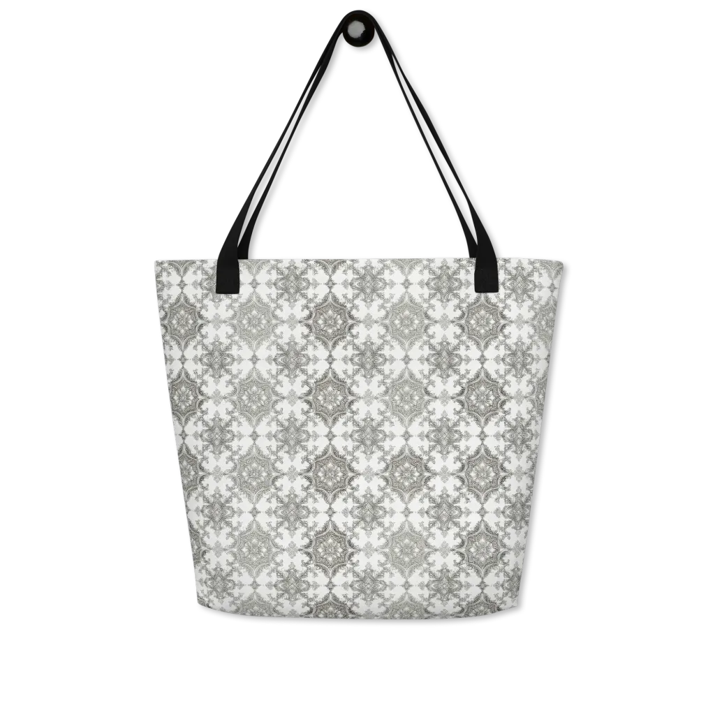 Silver Damask on Large Tote Bag W/ Pocket — Front