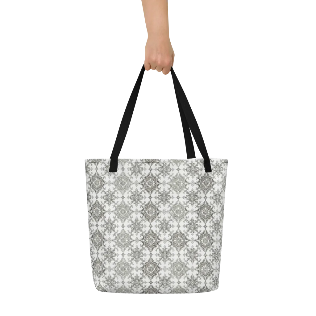 Silver Damask on Large Tote Bag W/ Pocket — Front