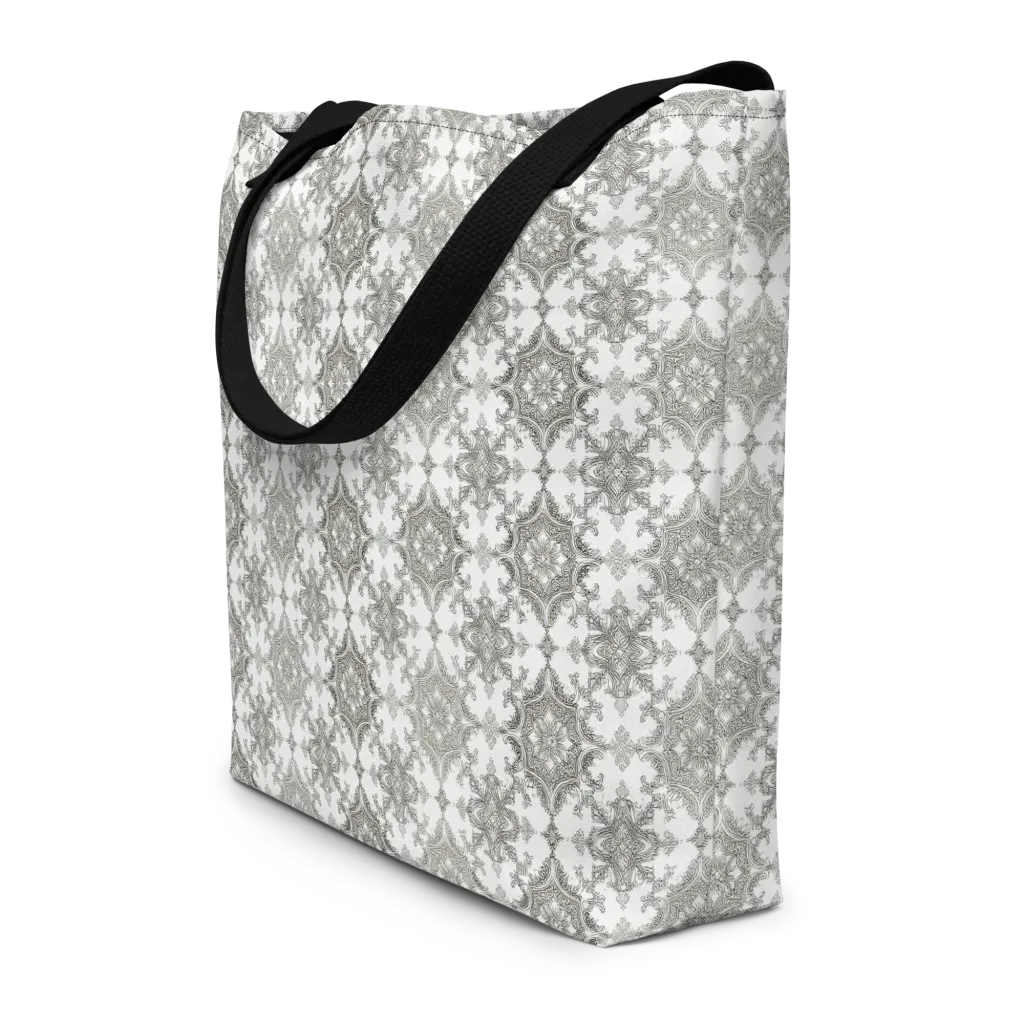 Silver Damask on Large Tote Bag W/ Pocket — Front