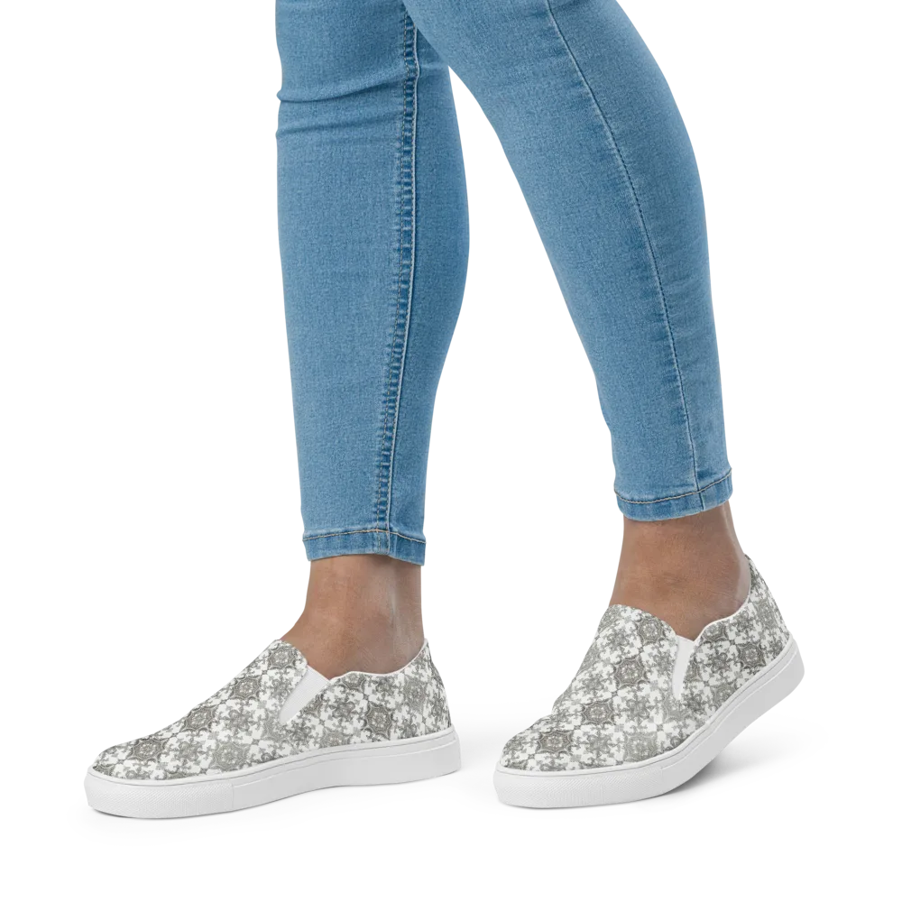 Silver Damask on Women's Slip-On Canvas Shoes — Front