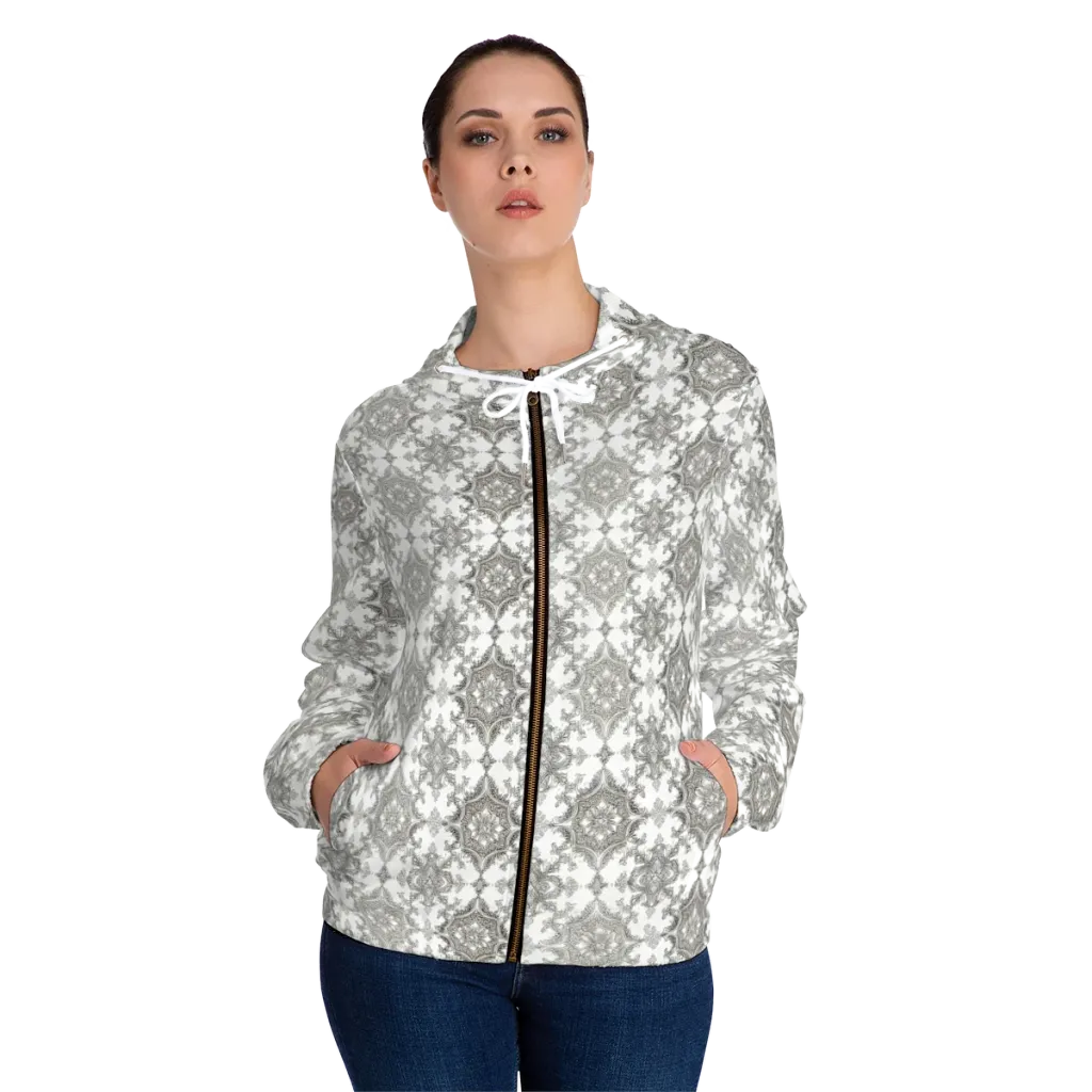 Silver Damask on Women's Full-Zip Hoodie — Front On Person