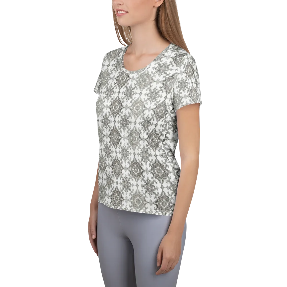Silver Damask on Women's Athletic T-Shirt — Left