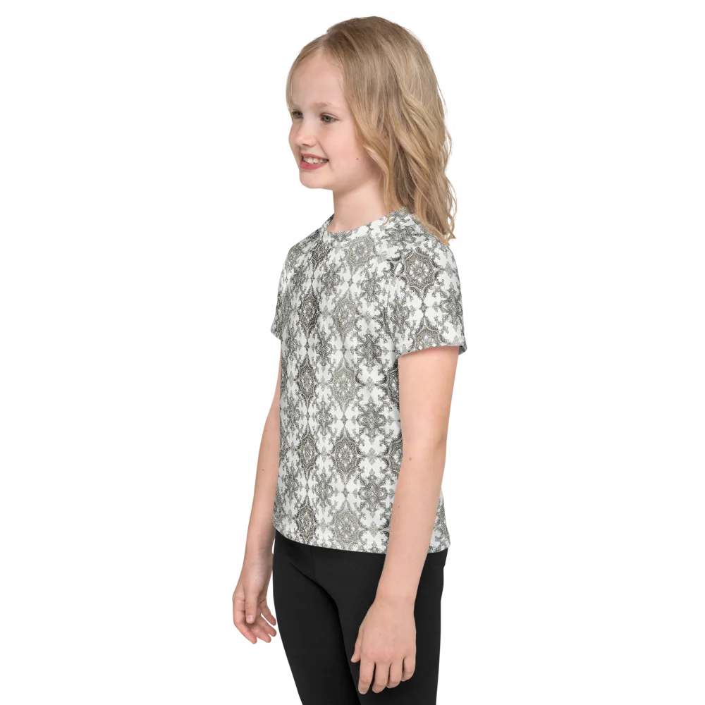 Silver Damask on Kids Crew Neck T-Shirt — Left