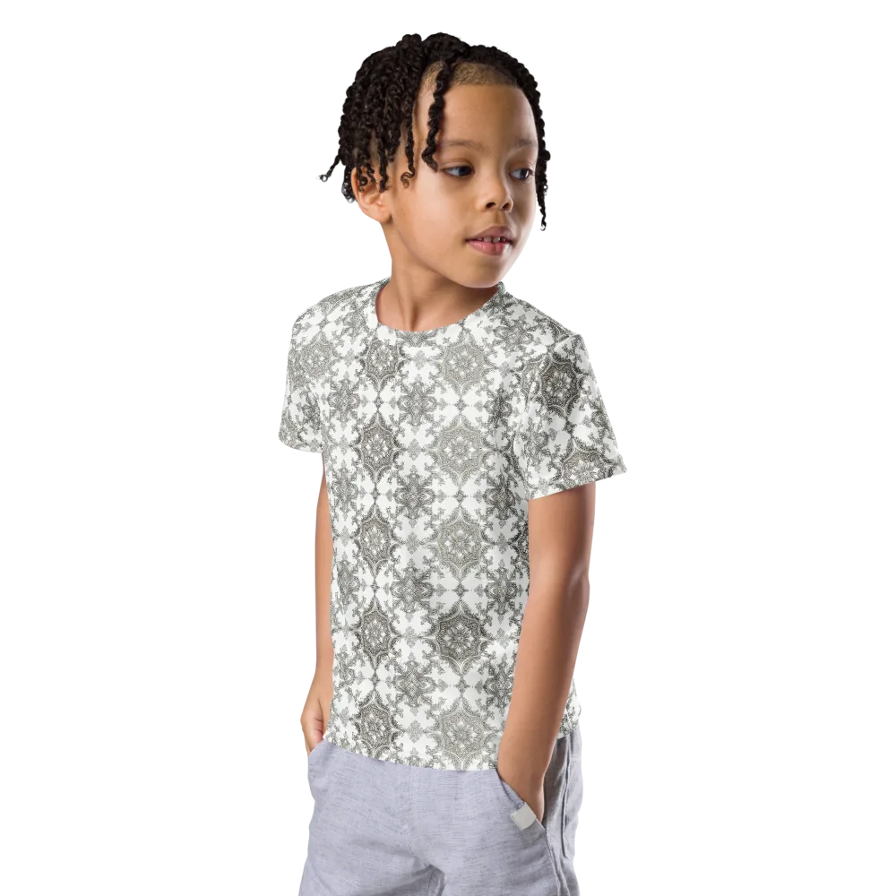 Silver Damask on Kids Crew Neck T-Shirt — Left Front