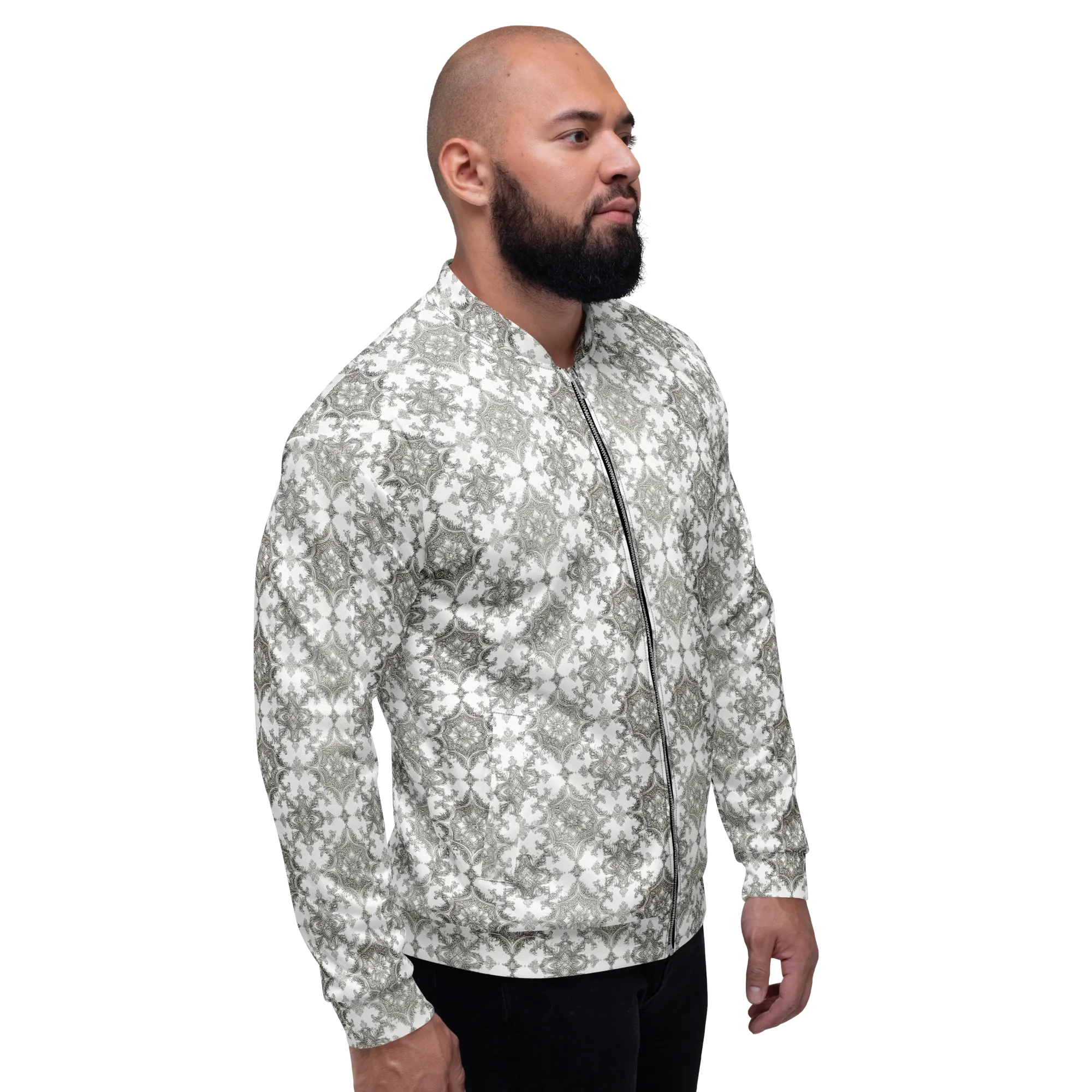 Silver Damask on Bomber Jacket — Right