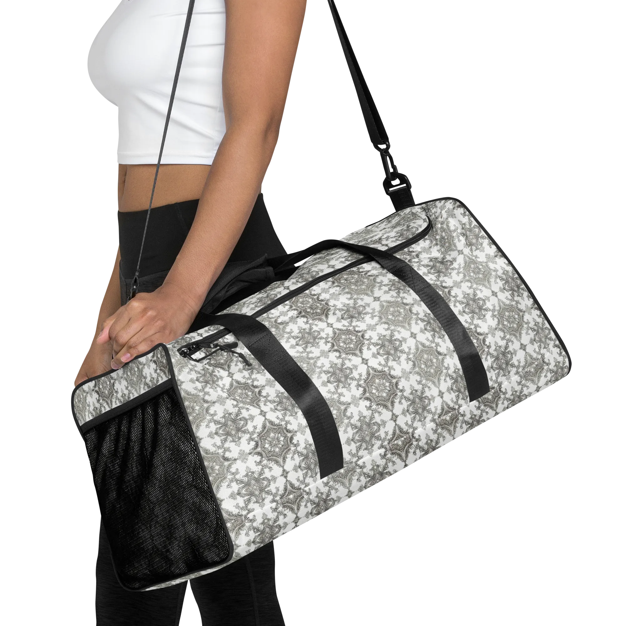 Silver Damask on Duffle Bag — Front