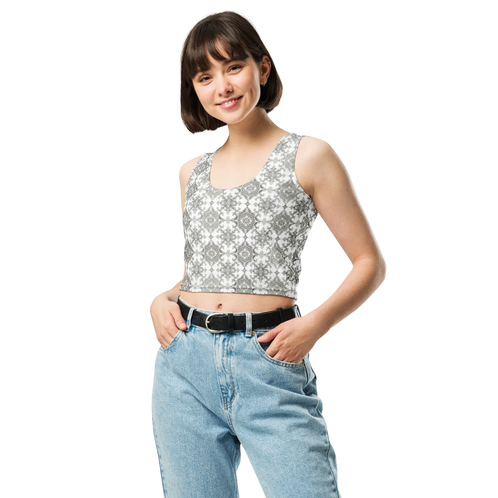 Silver Damask on Crop Top — Front