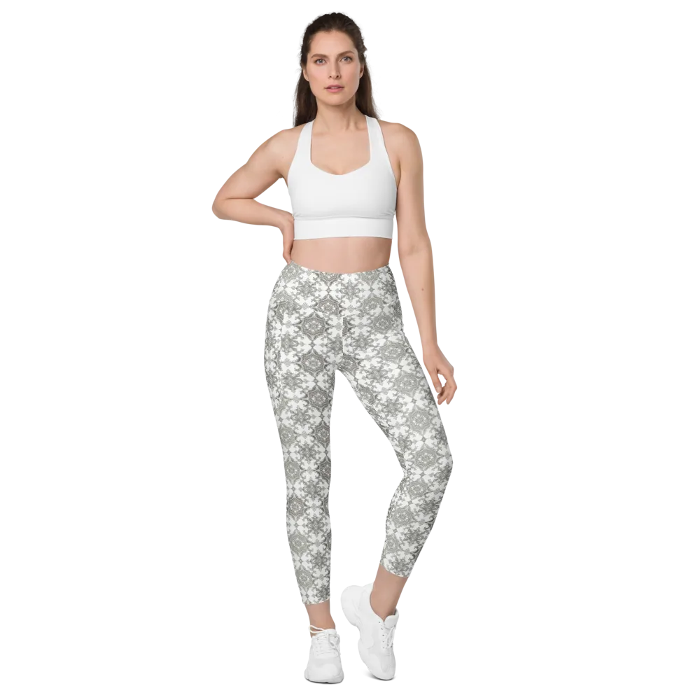 Silver Damask on Leggings with Pockets — Front