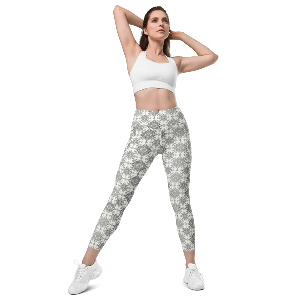 Silver Damask on Leggings with Pockets — Front
