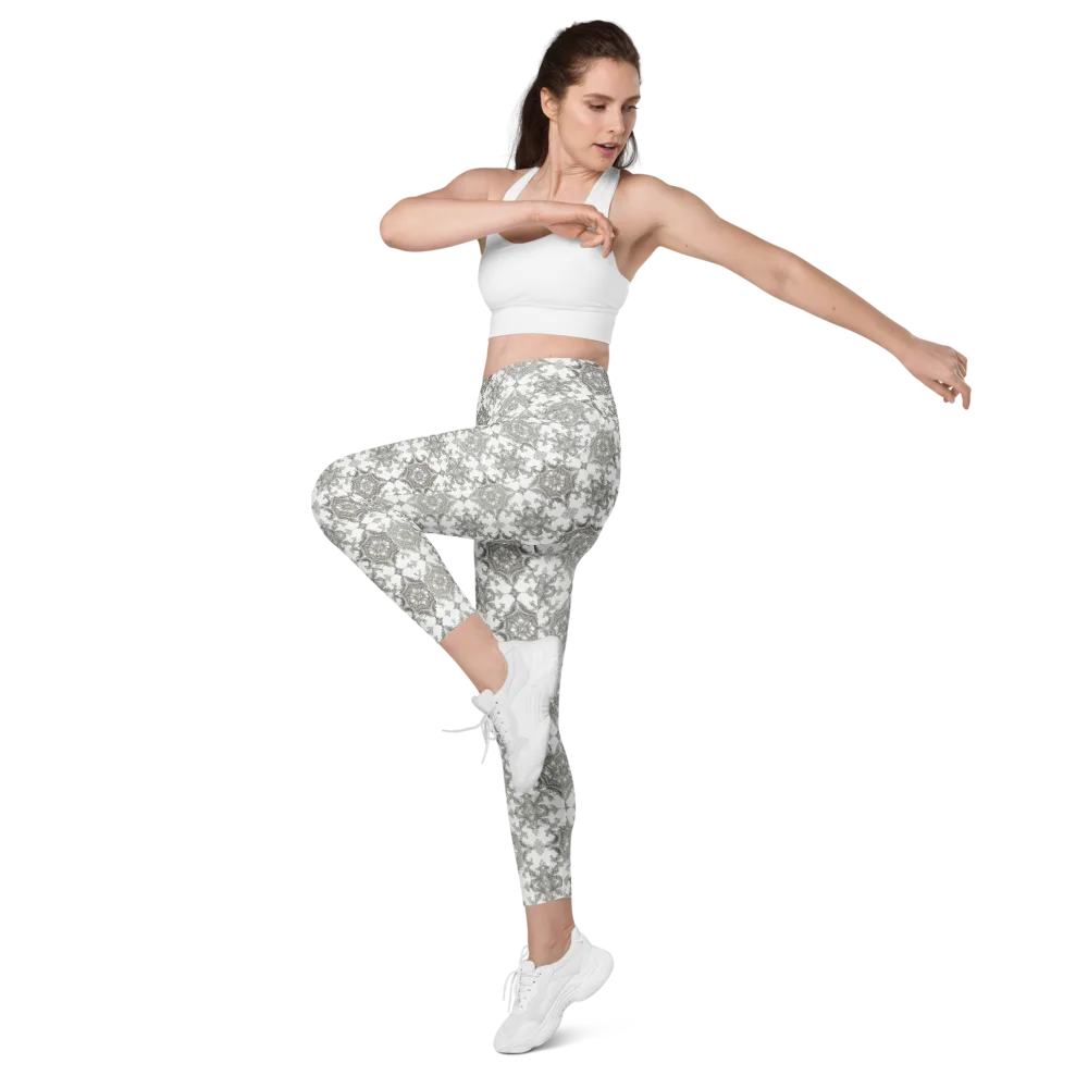 Silver Damask on Leggings with Pockets — Left Front