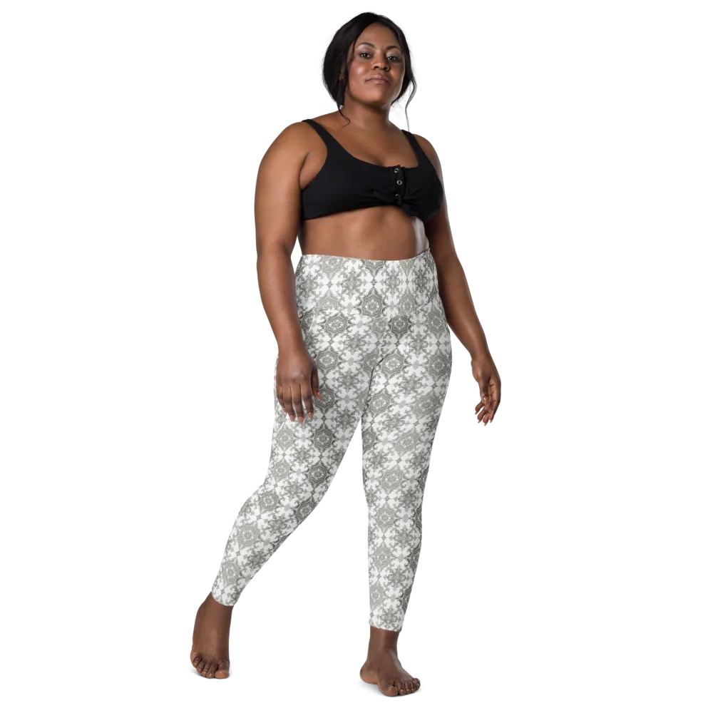 Silver Damask on Leggings with Pockets — Front