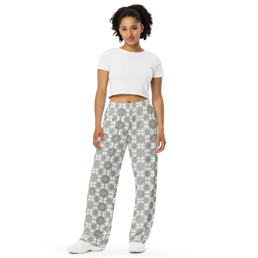 Silver Damask on Wide-Leg Pants — Front