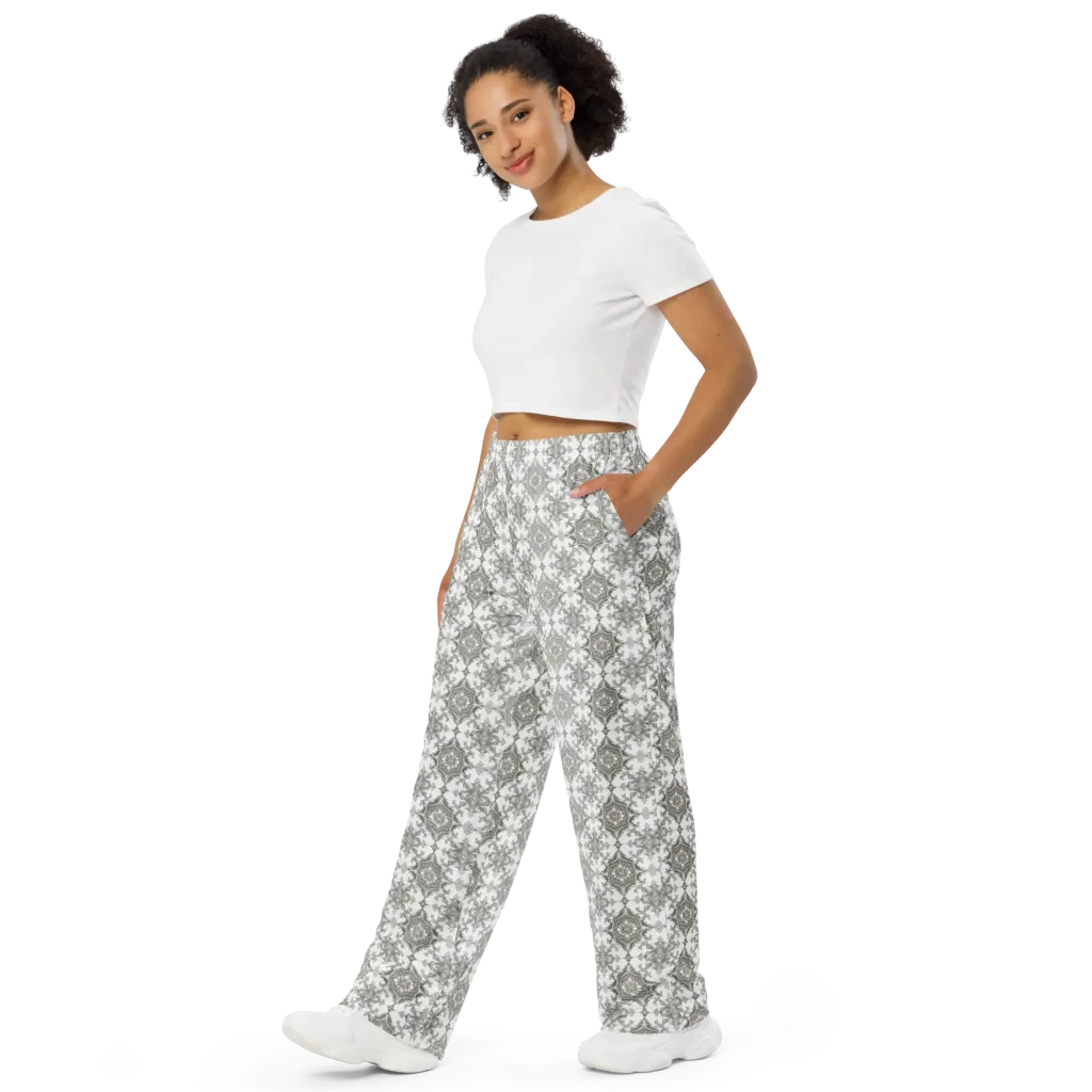 Silver Damask on Wide-Leg Pants — Left Front