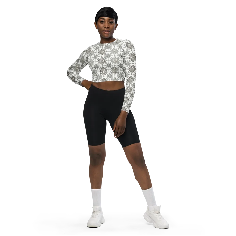 Silver Damask on Long Sleeve Crop Top — Front