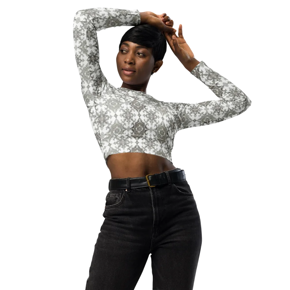 Silver Damask on Long Sleeve Crop Top — Front