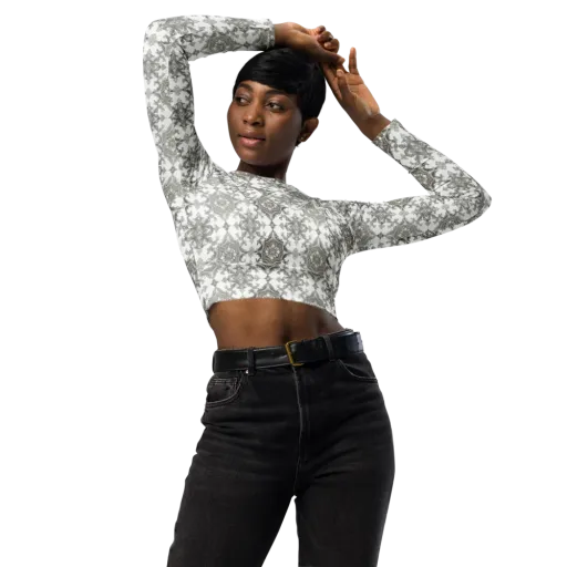 Silver Damask on a Long Sleeve Crop Top