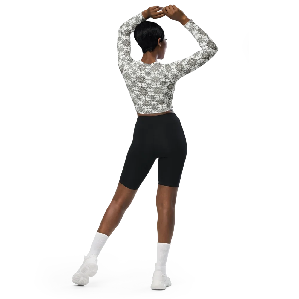 Silver Damask on Long Sleeve Crop Top — Back
