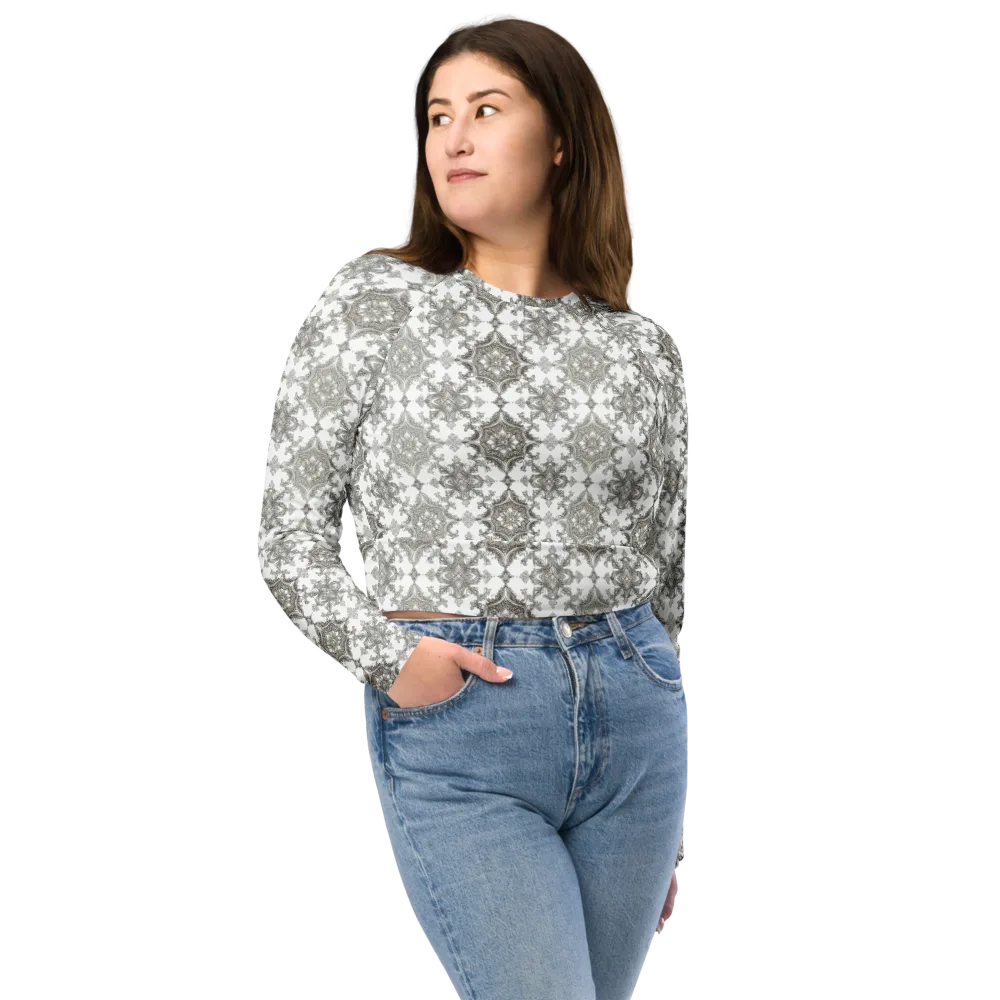 Silver Damask on Long Sleeve Crop Top — Front