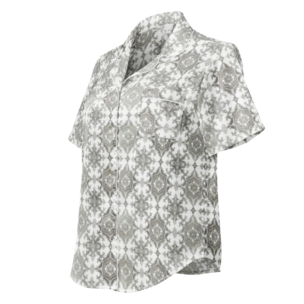 Silver Damask on Women's Short Sleeve Pajama Top — Left Front