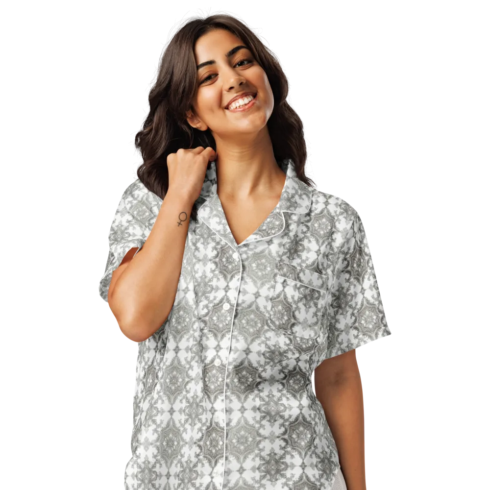 Silver Damask on Women's Short Sleeve Pajama Top — Front