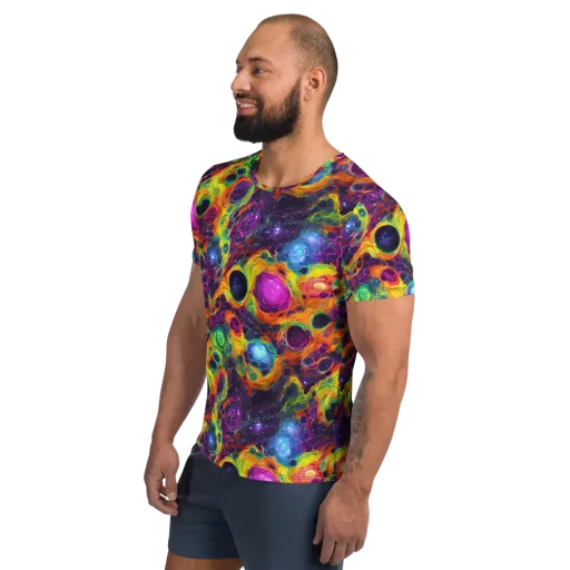Luminous Orbits on a Men's Athletic T-Shirt